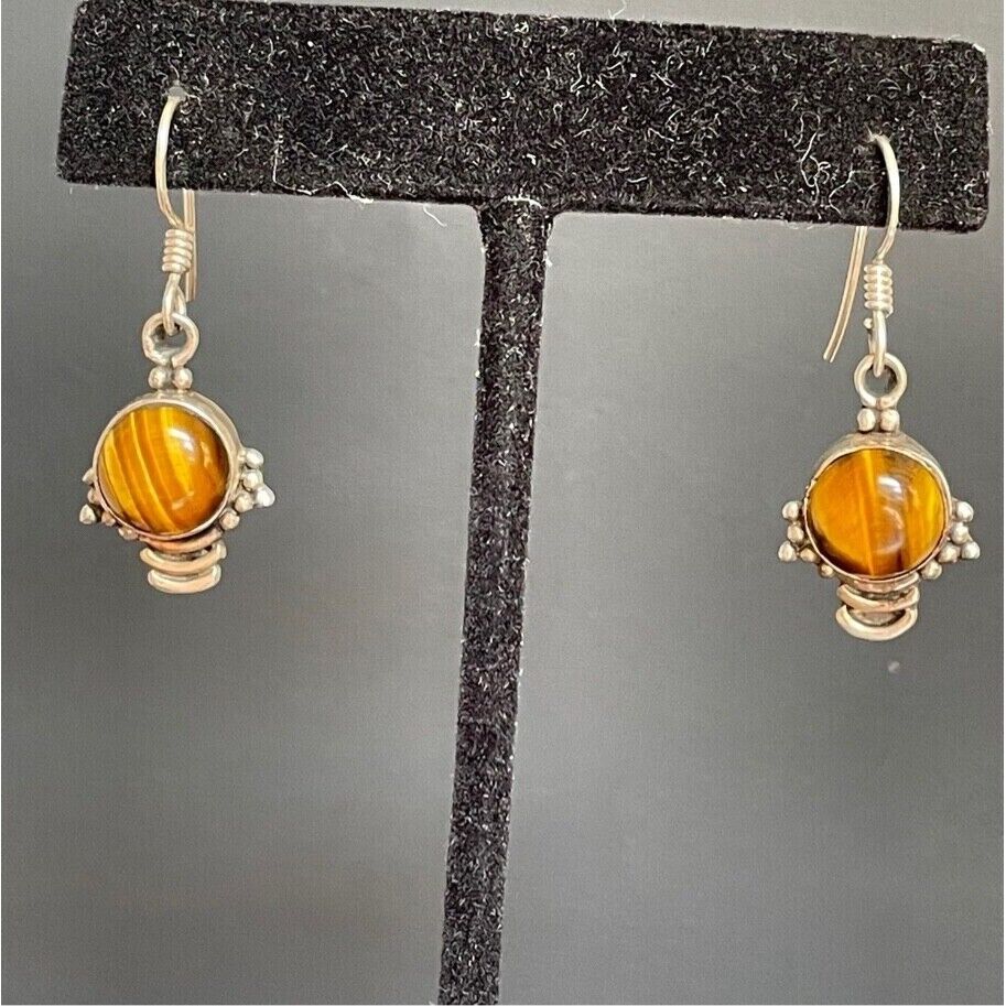 925 STERLING SILVER & TIGER'S EYE DANGLE EARRINGS SKY