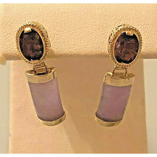 14 K YELLOW LAVENDER CHALCEDONY & AMETHYST EARRINGS. SKY