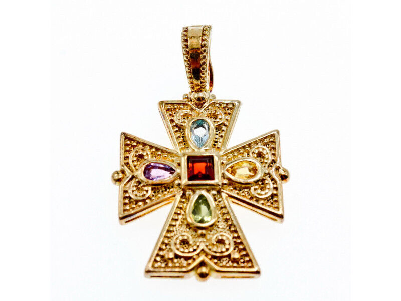 925 STERLING SILVER GOLD PLATED MULTI GEMSTONES CROSS PENDANT