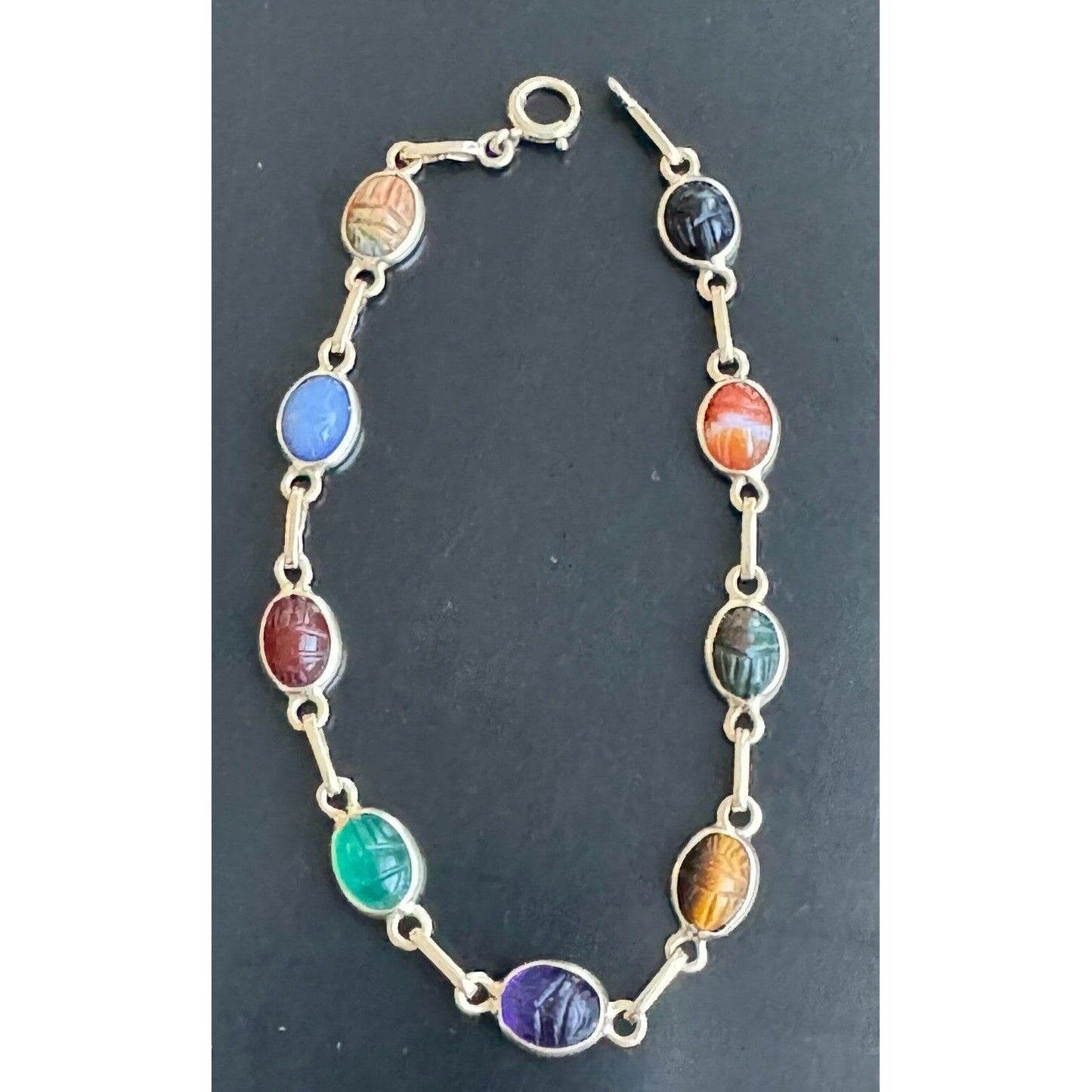 14K YELLOW GOLD AND CARVED GEMSTONE SCARABS BRACELET SKY