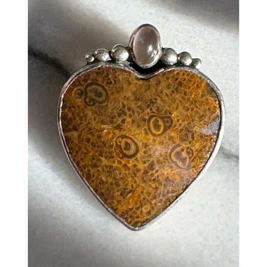 925 STERLING SILVER LEOPARD AGATE AND CAT'S EYE QUARTZ HEART BROOCH/PENDANT SKY