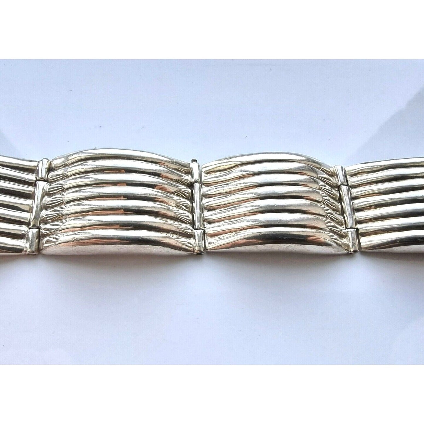 MEXICO 925 STERLING SILVER RIBBED DOME HINCE CHAIN BRACELET 83.5 gram AT