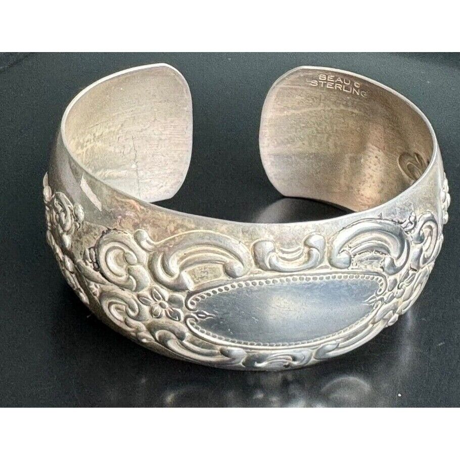 BEAU 925 STERLING SILVER EMBOSSED LACE CARTOUCHE CUFF  BRACELET SKY