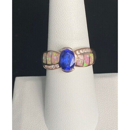 925 STERLING SILVER VERMEIL BLUE CZ AND OPAL RING SIZE 8 SKY