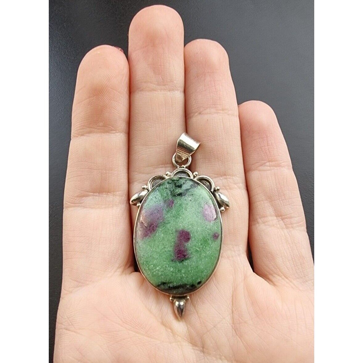 925 STERLING SILVER NATURAL RUBY ZOISITE CABOCHON PENDANT AT