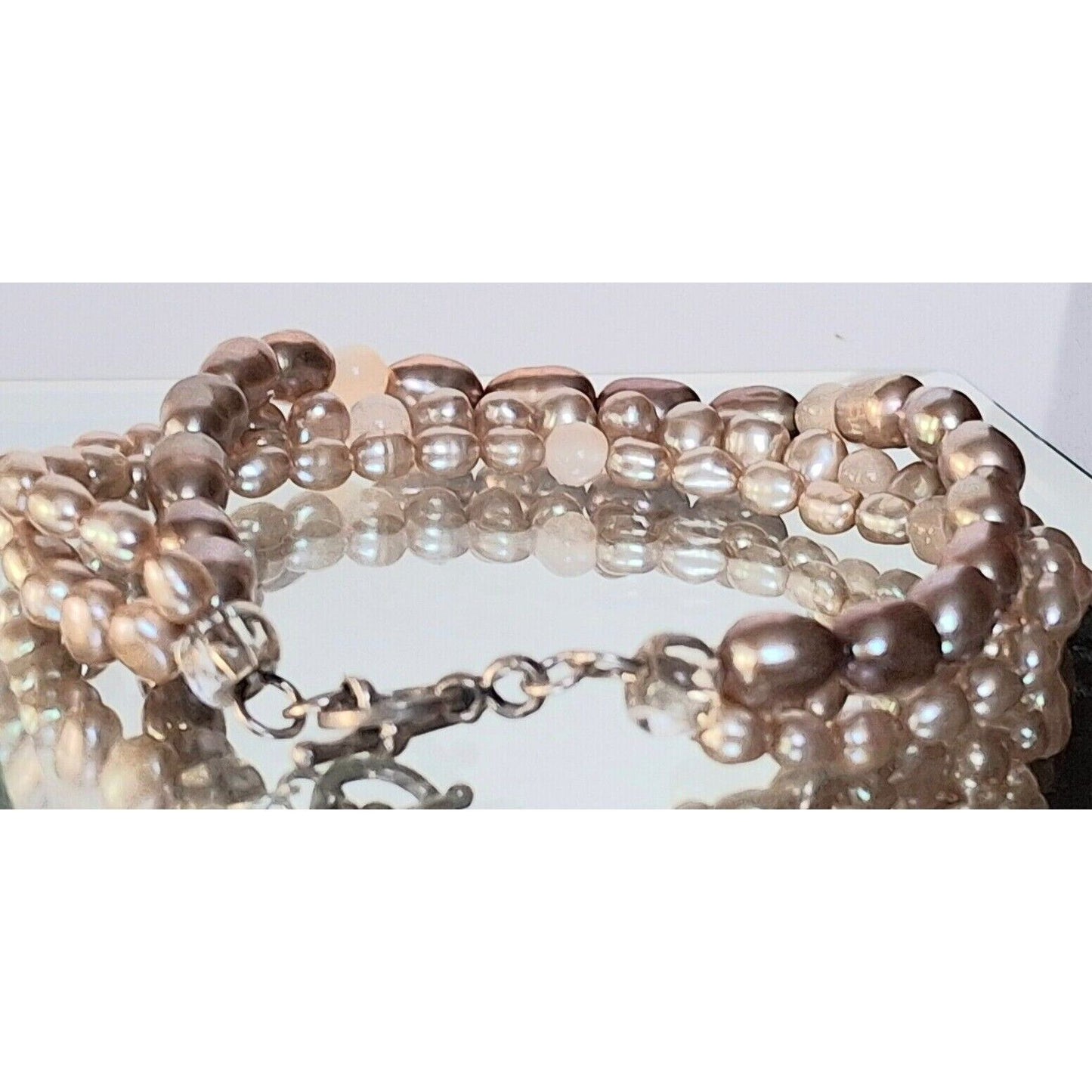 925 STERLING SILVER FRESH WATER PEARLS AND QUARTZ  3 STRANDS BRACELET SKY