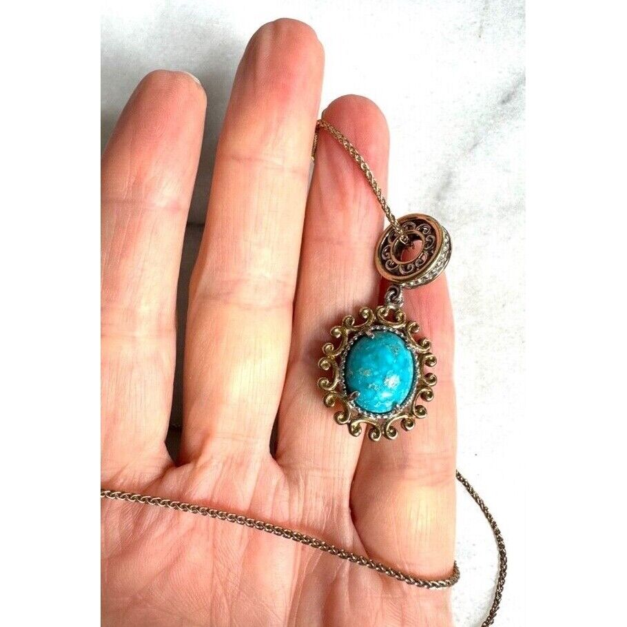 ORNATE 925 STERLING SILVER VERMEIL AND TURQUOISE CHARM PENDANT NECKLACE SKY