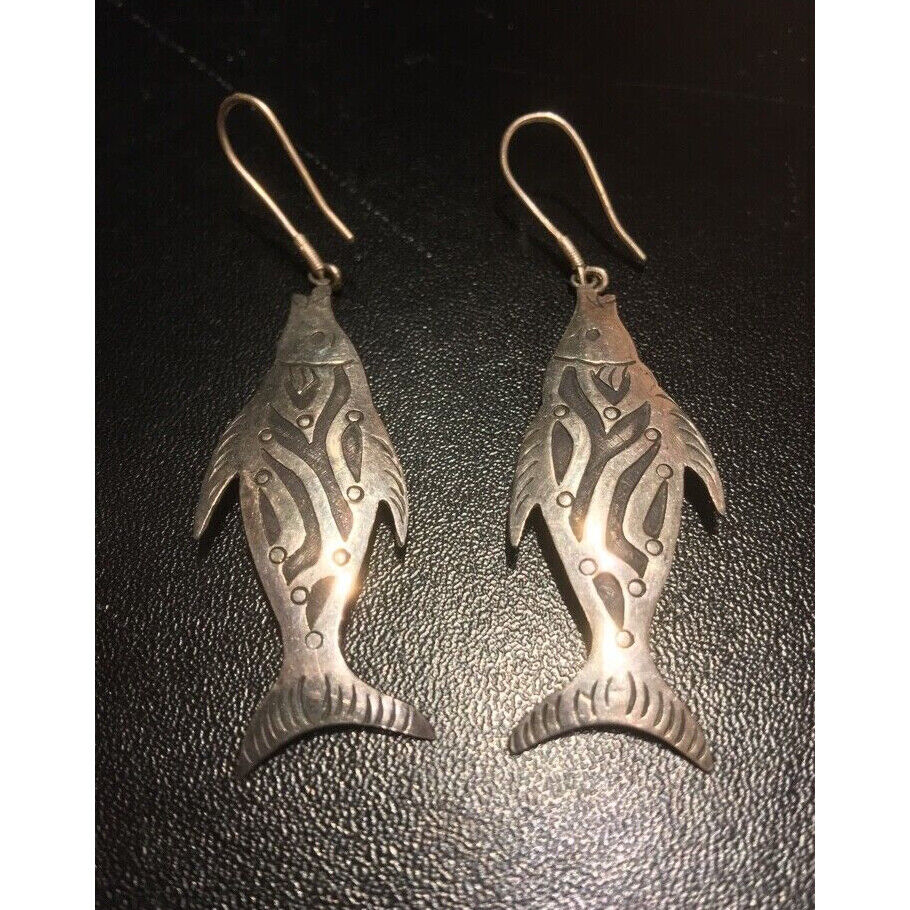 925 STERLING SILVER 2 1/2" LONG DANGLE FISH EARRINGS. SKY