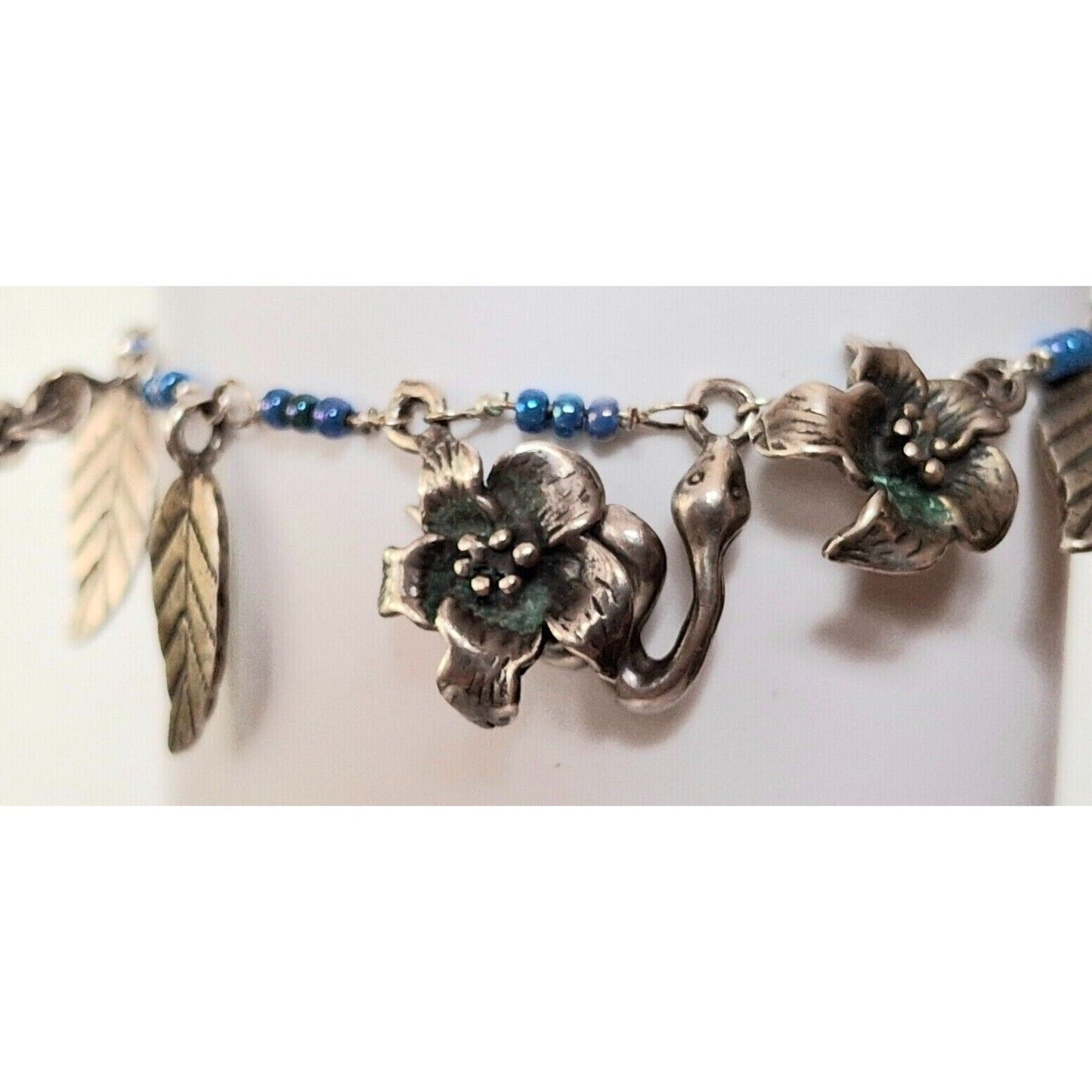 925 STERLING SILVER LEAVES,  FLOWERS  AND SNAKE BEADED CHARM BRACELET SKY