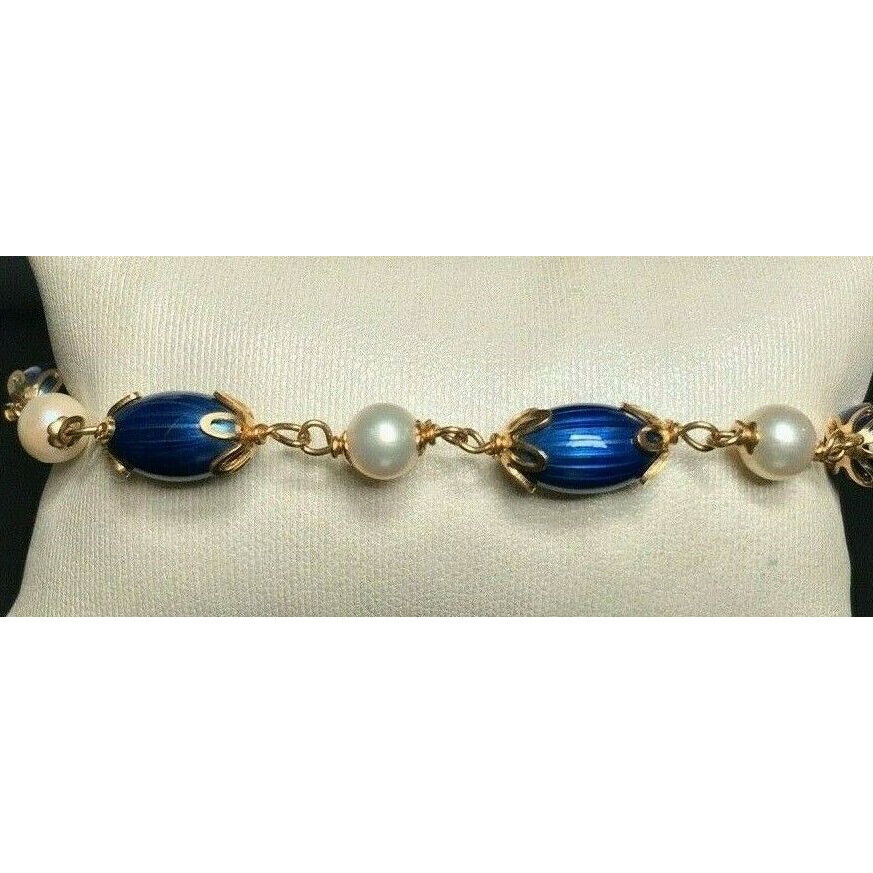 18K YELLOW GOLD GUILLOCHE ENAMEL & PEARLS BRACELET SKY