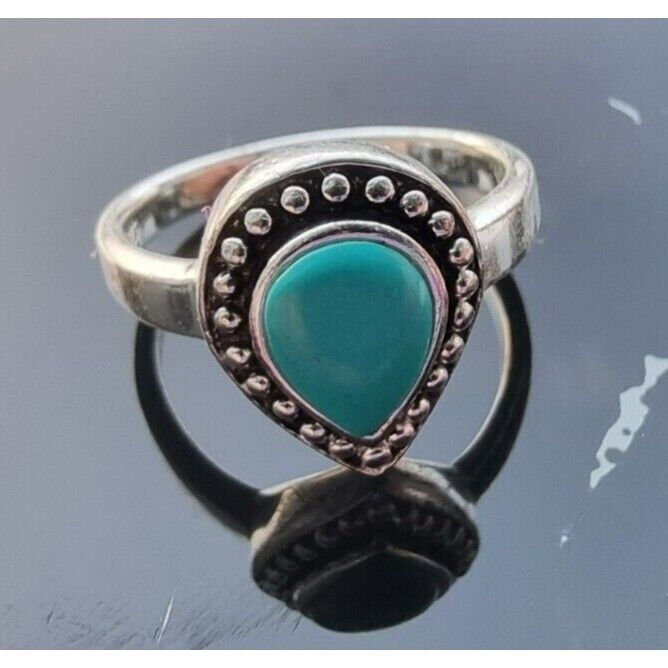 WESTERN STYLE 925 STERLING SILVER TEARDROP  8x6 mm. TURQUOISE RING SIZE 7 AT