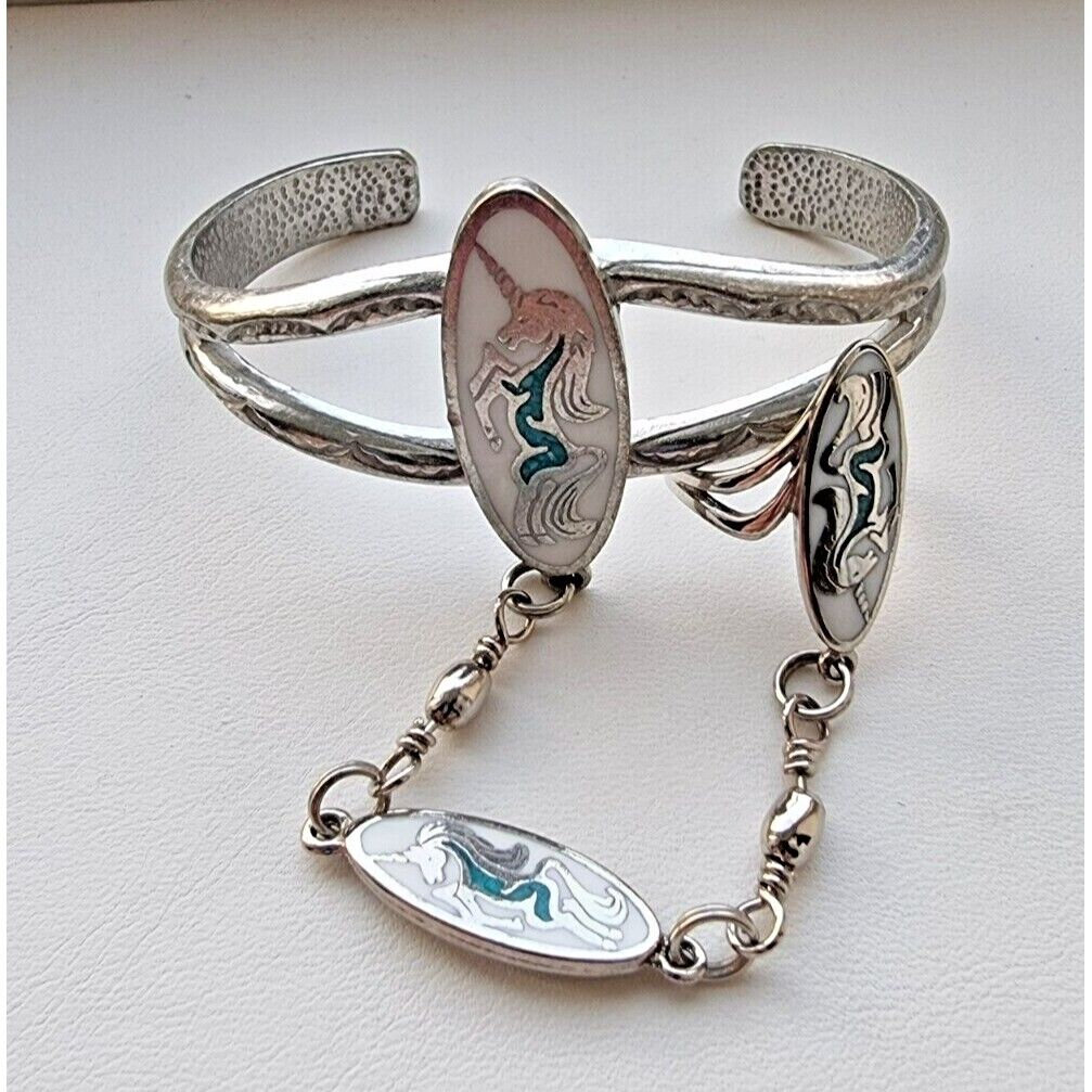 925 STERLING SILVER TURQUOISE AND ABALONE UNICORN CUFF BRACELET CHAINED RING AT