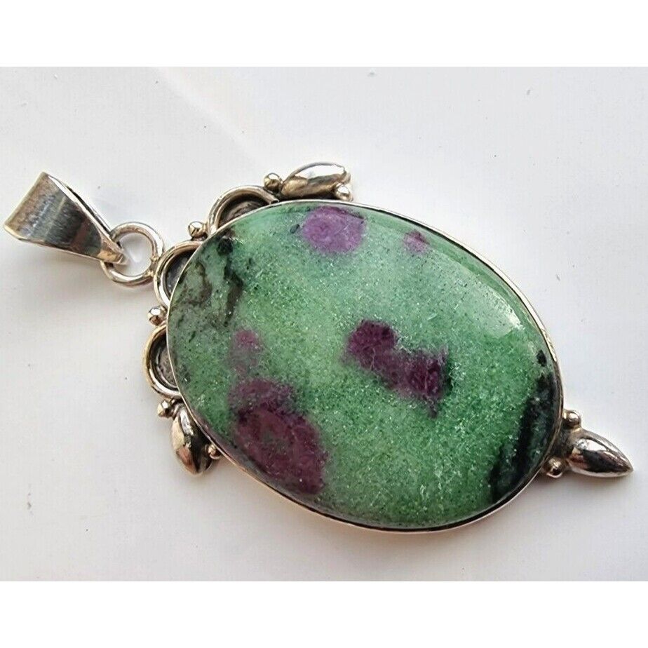 925 STERLING SILVER NATURAL RUBY ZOISITE CABOCHON PENDANT AT