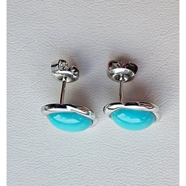 VINTAGE 925 STERLING SILVER NATURAL CABOCHON 10x8 mm. TURQUOISE STUD EARRINGS AT