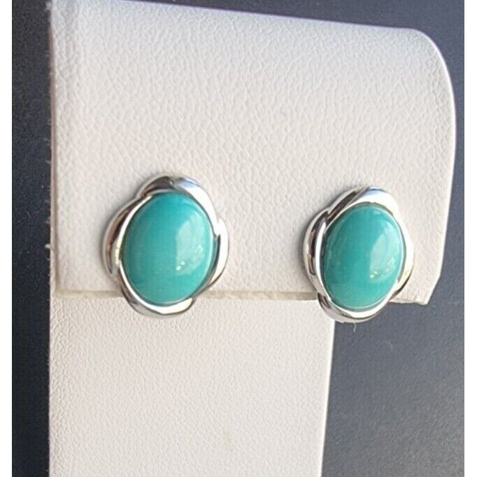 VINTAGE 925 STERLING SILVER NATURAL CABOCHON 10x8 mm. TURQUOISE STUD EARRINGS AT