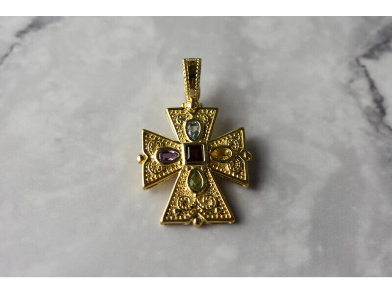 925 STERLING SILVER GOLD PLATED MULTI GEMSTONES CROSS PENDANT