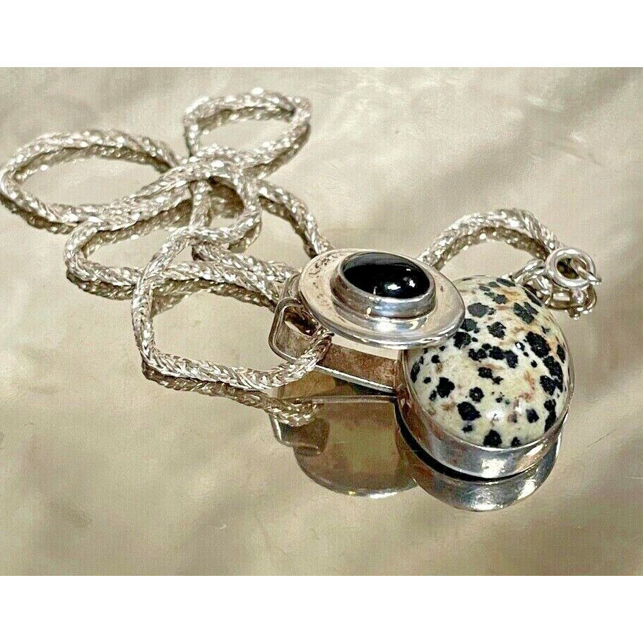 925 STERLING SILVER LEOPARD JASPER & ONYX  PENDANT NECKLACE SKY