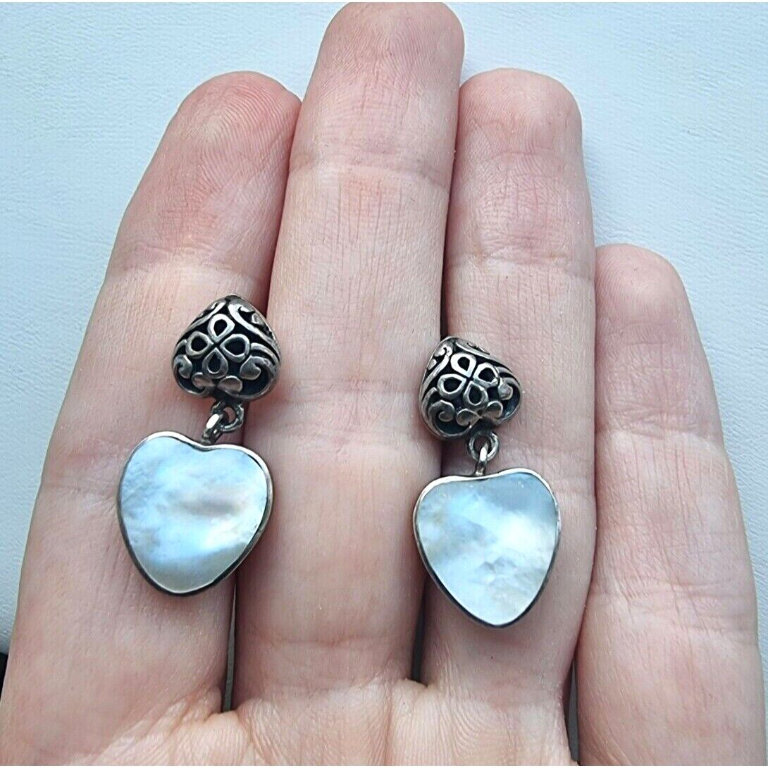 VINTAGE 925 STERLING SILVER MOTHER OF PEARL HEARTS EARRINGS AT