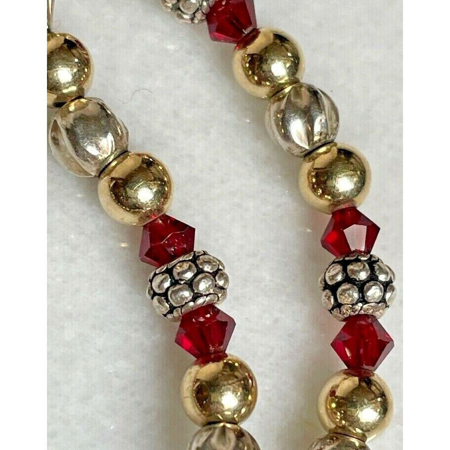 BEAUTIFUL 925 STERLING SILVER,GOLD & RED GEMS BEADED  BRACELET SKY