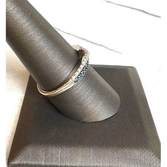 WHITE GOLD  TEAL AND CLEAR DIAMONDS CRISSCROSS BAND RING SIZE 8.75 SKY