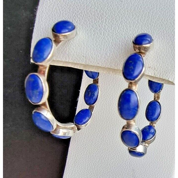 STYLISH 925 STERLING SILVER NATURAL LAPIS LAZULI HOOP EARRINGS AT