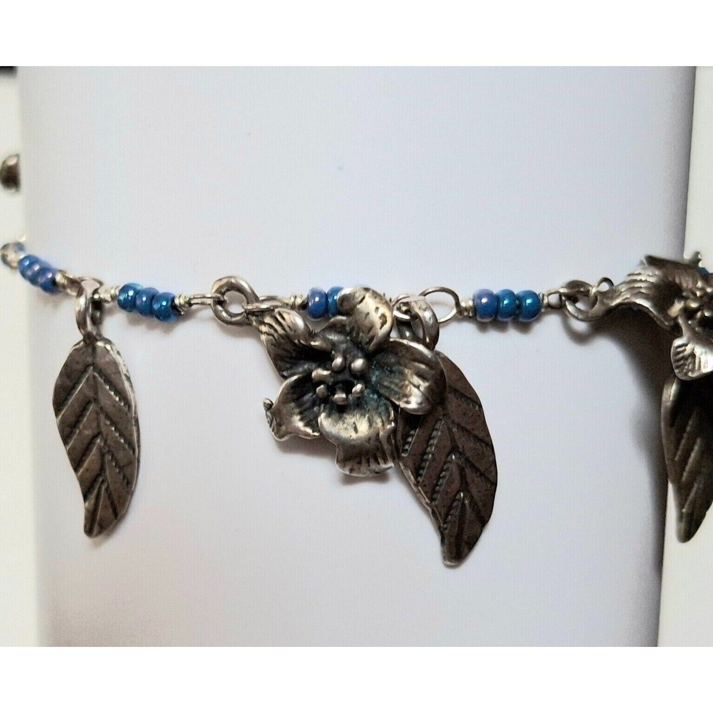 925 STERLING SILVER LEAVES,  FLOWERS  AND SNAKE BEADED CHARM BRACELET SKY