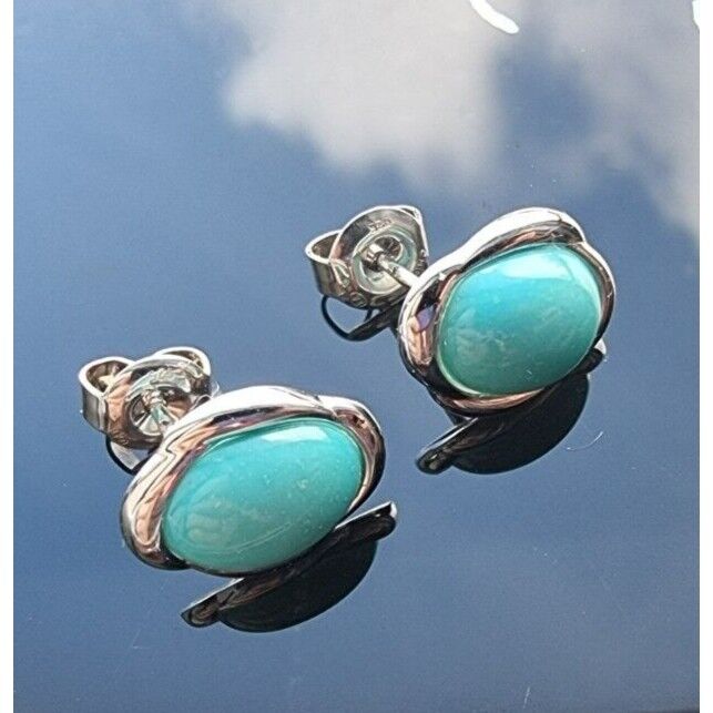 VINTAGE 925 STERLING SILVER NATURAL CABOCHON 10x8 mm. TURQUOISE STUD EARRINGS AT