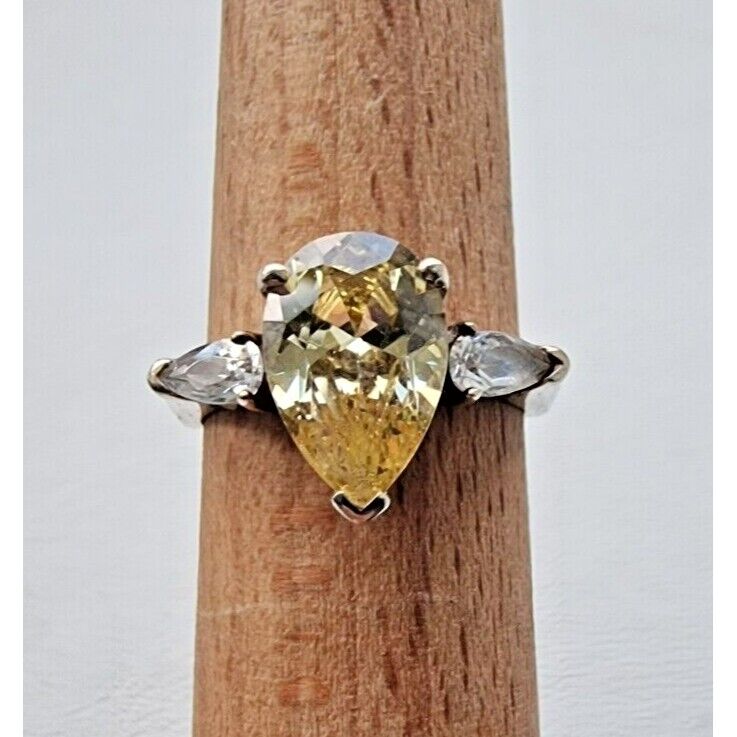 925 STERLING SILVER PEAR SHAPE SPARKLING CITRINE RING SIZE 7 AT