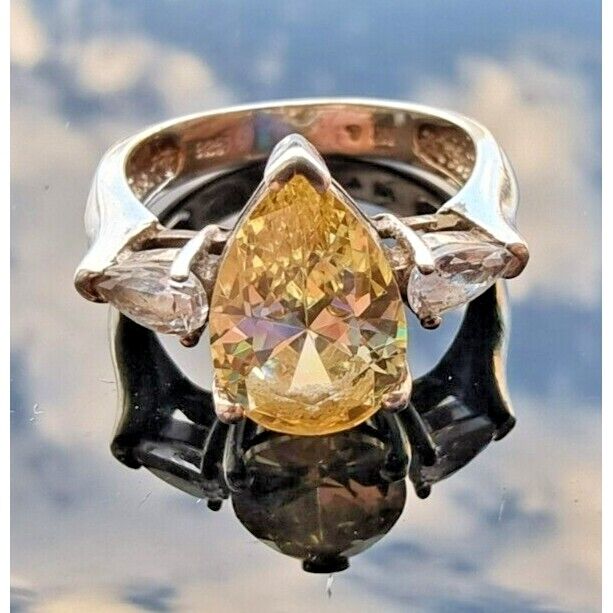 925 STERLING SILVER PEAR SHAPE SPARKLING CITRINE RING SIZE 7 AT