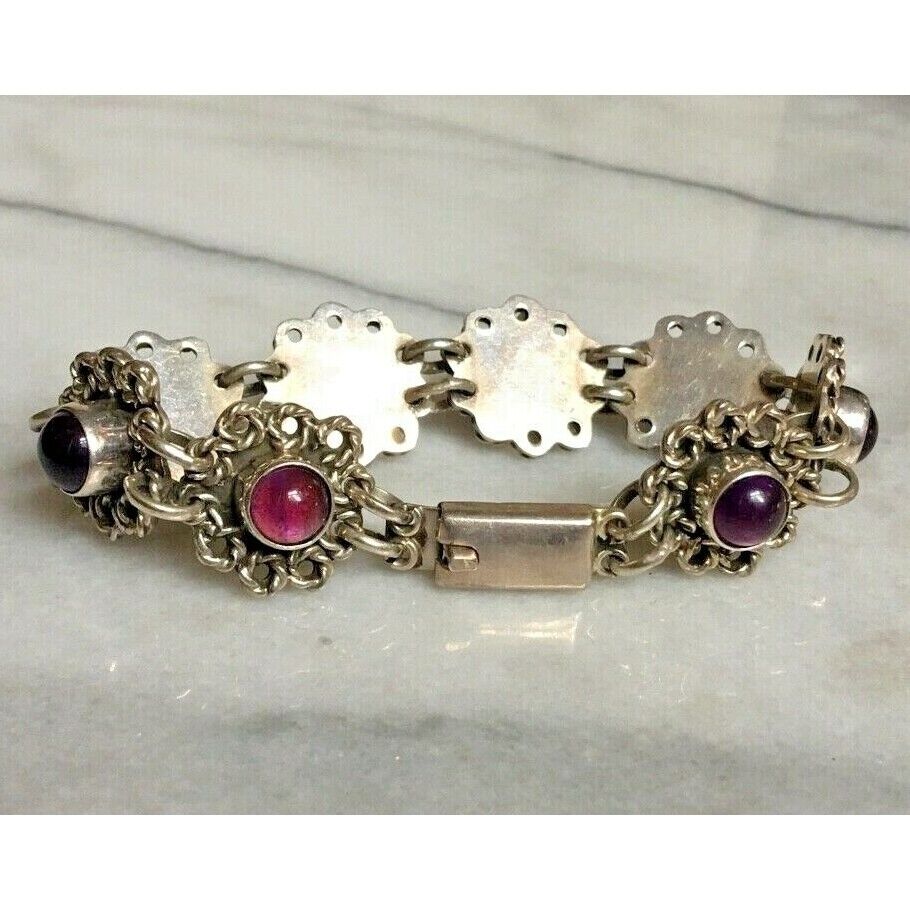 VINTAGE ORNATE 925 STERLING SILVER 15 CT AMETHYST BRACELET SKY