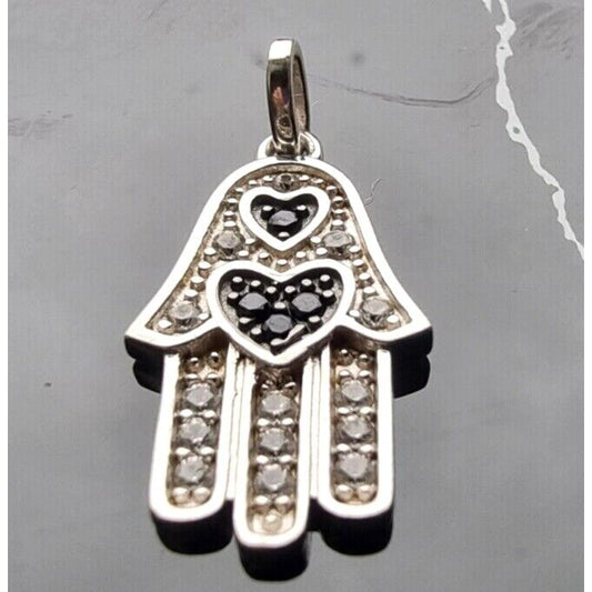 YGI 925 STERLING SILVER HAMSA BLACK ONYX HEARTS PENDANT AT