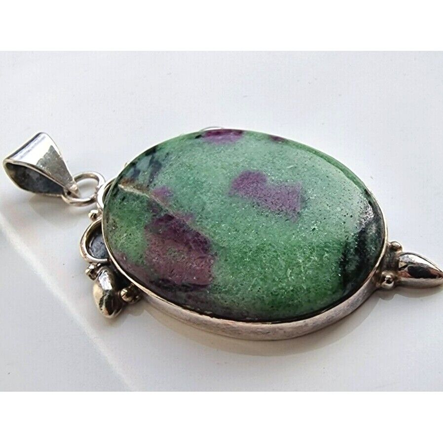 925 STERLING SILVER NATURAL RUBY ZOISITE CABOCHON PENDANT AT