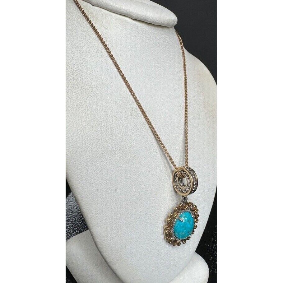 ORNATE 925 STERLING SILVER VERMEIL AND TURQUOISE CHARM PENDANT NECKLACE SKY