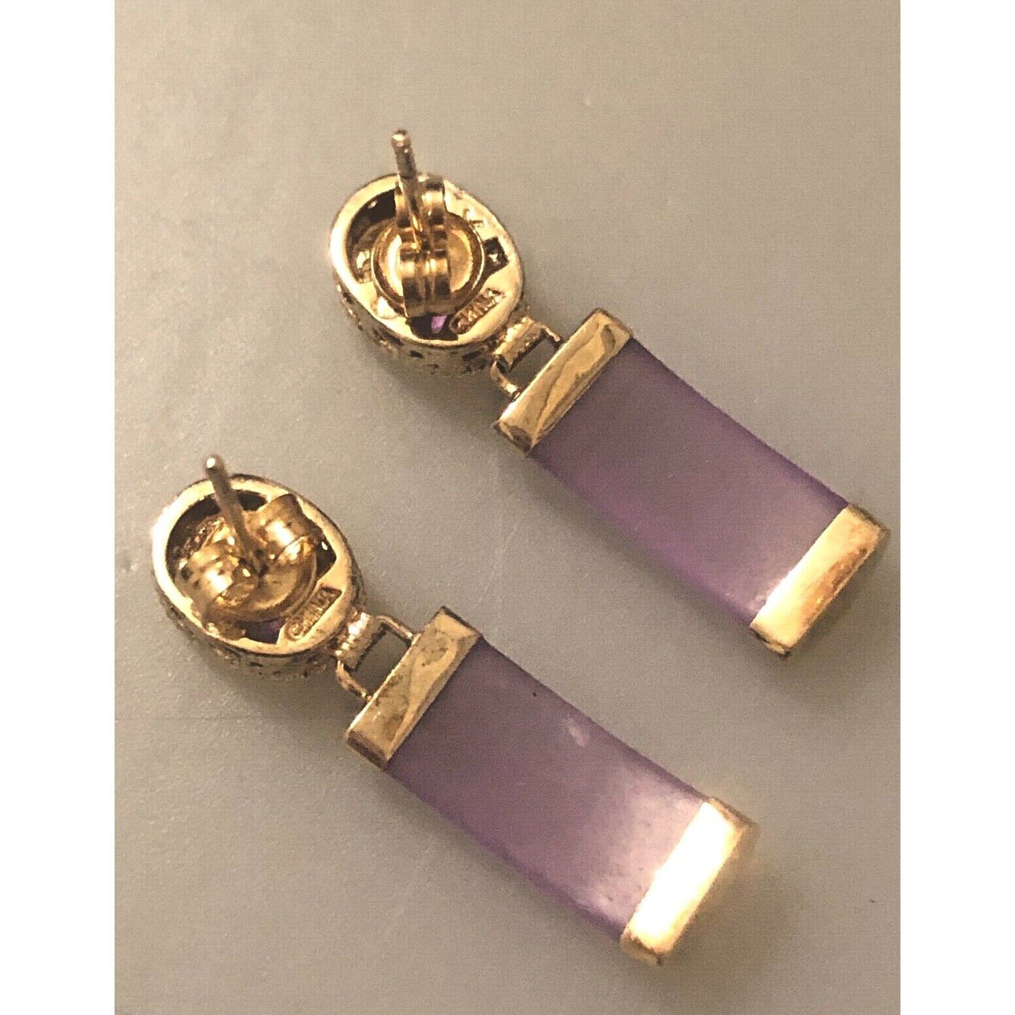 14 K YELLOW LAVENDER CHALCEDONY & AMETHYST EARRINGS. SKY