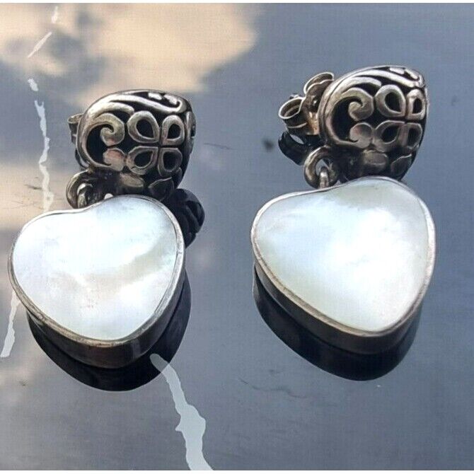 VINTAGE 925 STERLING SILVER MOTHER OF PEARL HEARTS EARRINGS AT