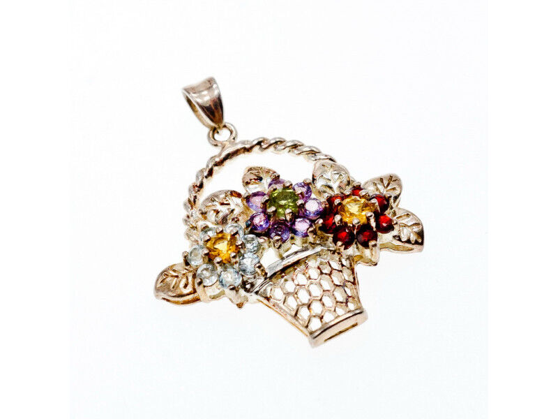 925 STERLING SILVER MULTI GEMSTONES FLOWERS PENDANT