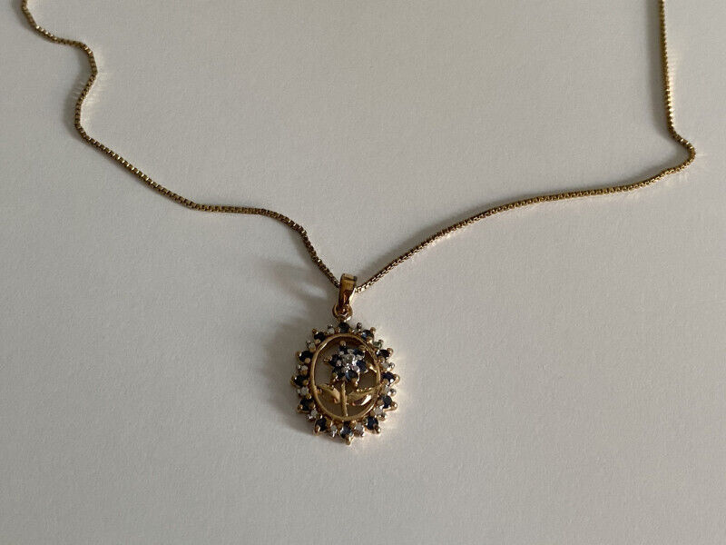 925 STERLING SILVER GOLD PLATED SAPPHIRES "FLOWER" CHAIN WITH PENDANT ITALY