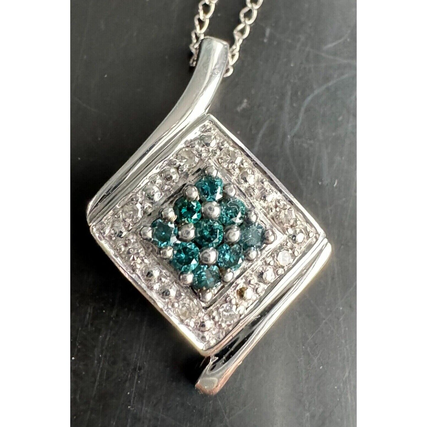 WHITE GOLD TEAL AND CLEAR DIAMONDS PENDANT NECKLACE SKY