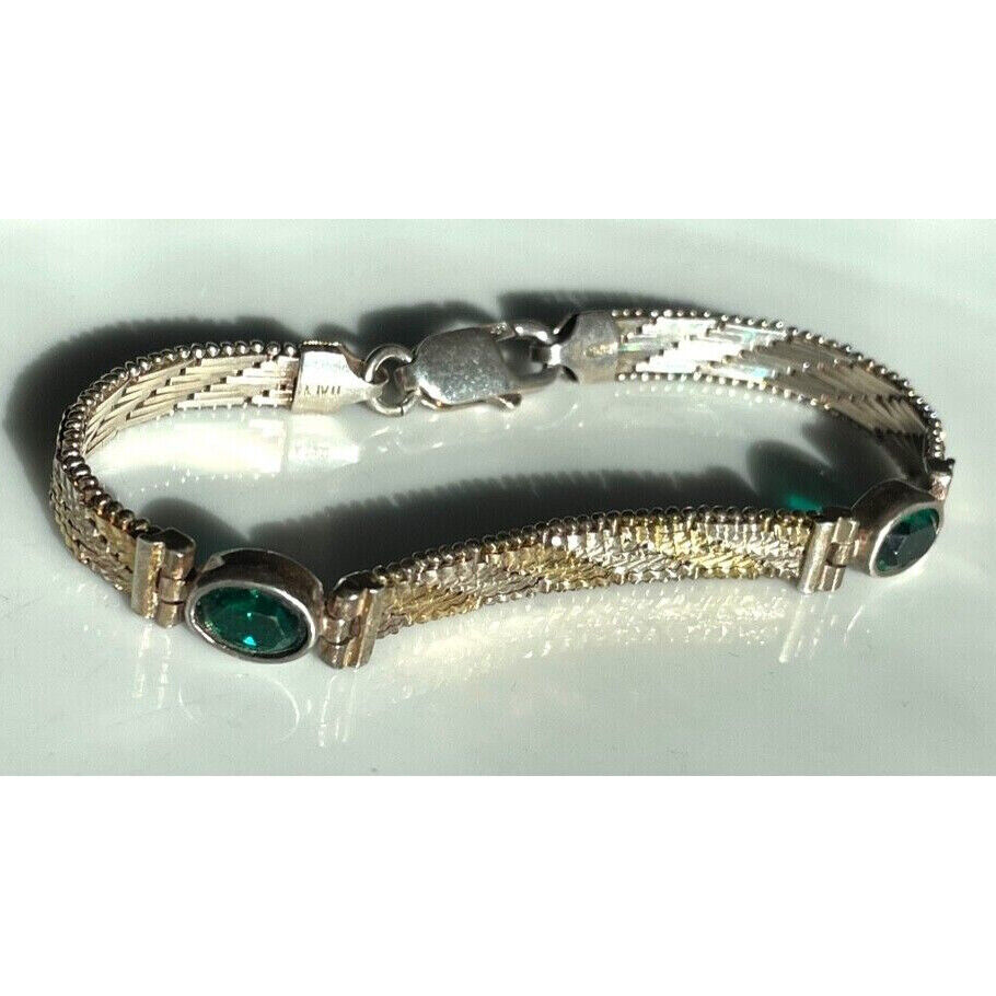 ITALIAN MULTI-TONE 925 STERLING SILVER & GREEN CZ'S BRACELET SKY