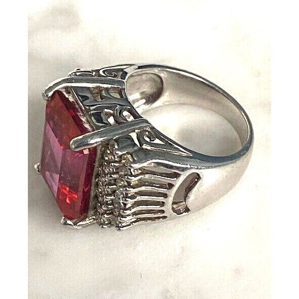 925 STERLING SILVER LAB-CREATED RUBY AND COLORLESS TOPAZ STATEMENT RING SZ SKY