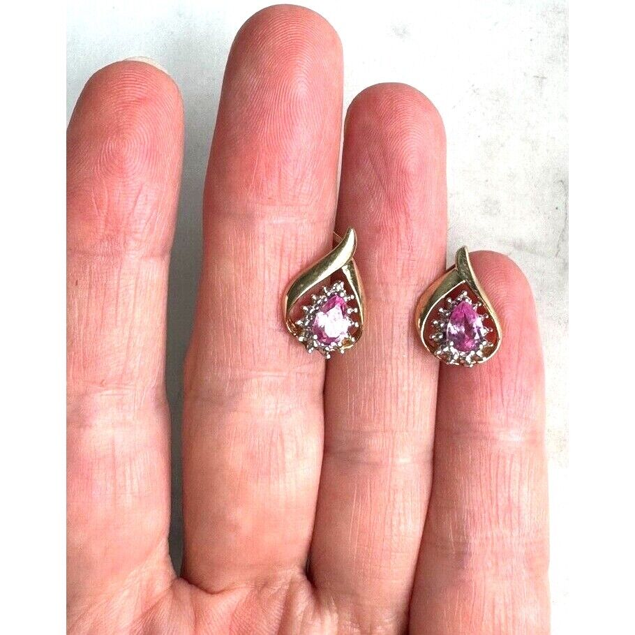 YELLOW GOLD LAB-CREATED PINK SAPPHIRE AND DIAMOND EARRINGS SKY