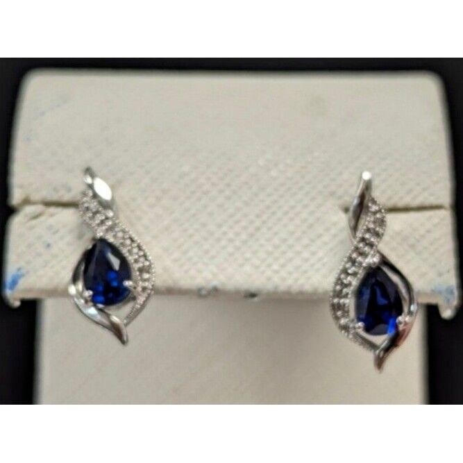 925 sterling silver pear shape blue  sapphire and white cz   earrings AT