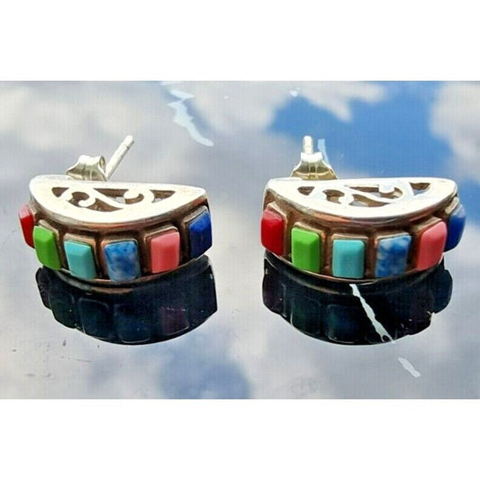 VINTAGE 925 STERLING SILVER MULTICOLOR GEMSTONE STUD EARRINGS AT