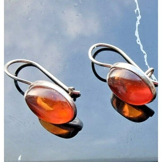 925 STERLING SILVER NATURAL OVAL 12x8 mm.  BALTIC AMBER DANGLE EARRINGS AT