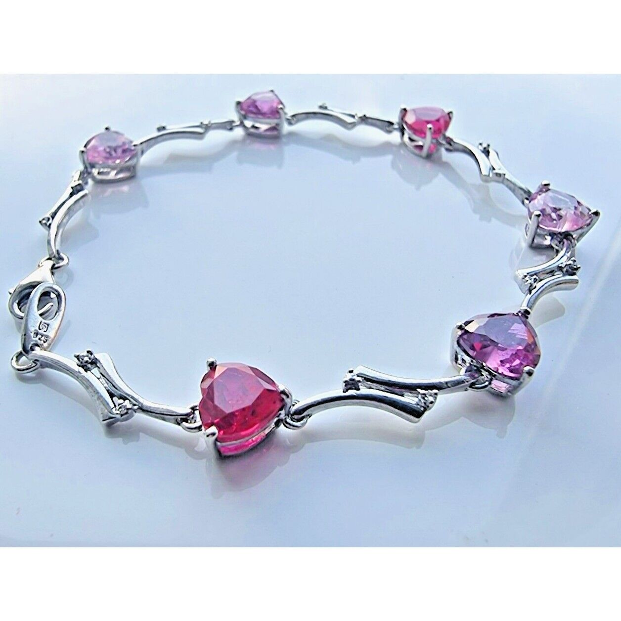 925 STERLING SILVER DIAMOND PINK TOURMALINE PINK SAPPHIRE RUBY HEART BRACELET AT