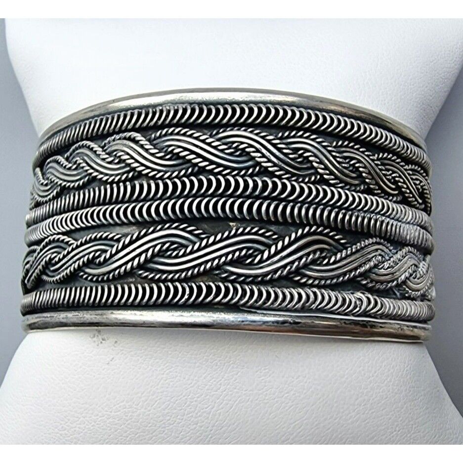 VINTAGE MULTI PATTERN 925 STERLING SILVER CUFF  BRACELET AT