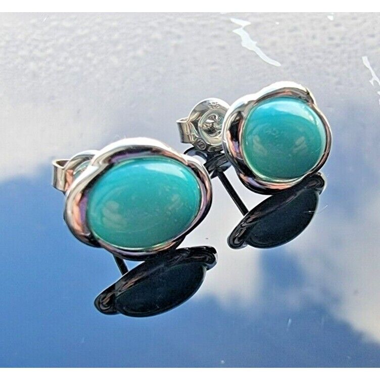 VINTAGE 925 STERLING SILVER NATURAL CABOCHON 10x8 mm. TURQUOISE STUD EARRINGS AT