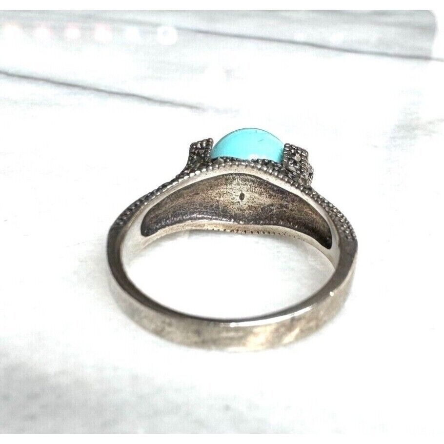 925 STERLING SILVER TURQUOISE AND MARCASITES RING  SIZE 6.75 SKY