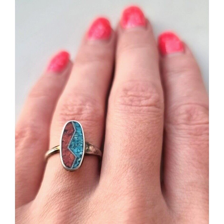 925 STERLING SILVER TURQUOISE AND CORAL RING SIZE 5.75 AT