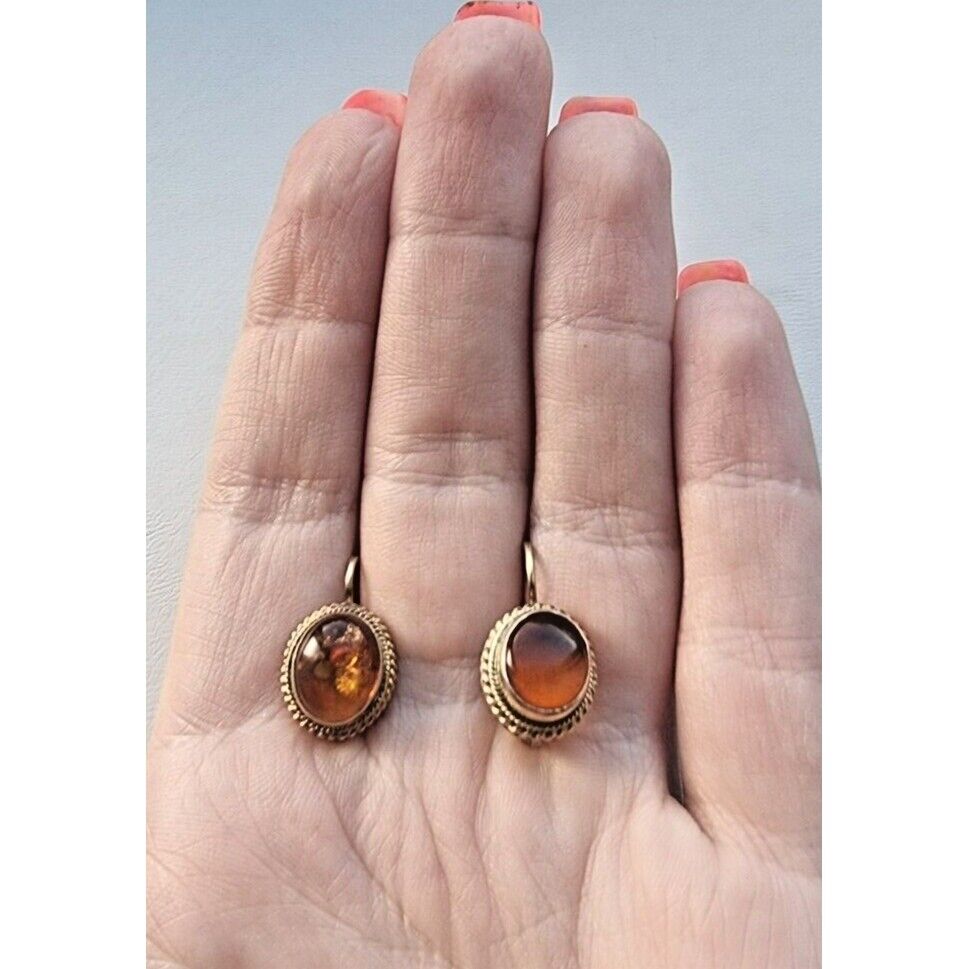 VINTGE 925 STERLING SILVER VERMEIL OVAL 10x9 MM. BALTIC AMBER EARRINGS AT